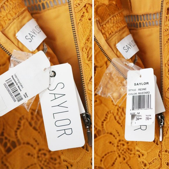 NEW SAYLOR Reine Mustard Yellow Sheath Midi Dress XS Lace Open Back Ruffle  $264 - Picture 7 of 15
